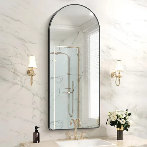 Miniatura 36 de FORBATH Espejo de baño arqueado de 16 x 24 pulgadas, espejo de baño negro montado en la pared, moderno marco de aleación de aluminio, espejo de arco