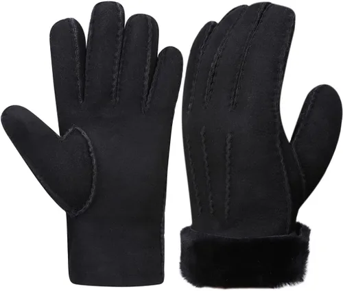 Harssidanzar Guantes de cuero para hombre, puños de piel de oveja, forro de lana gruesa para invierno, clima frío, guantes de conducción KM043US