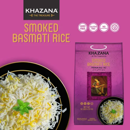 Miniatura 3 de Auténtico arroz basmati ahumado por Khazana en bolsa de 10 libras, grano indio aromático y sabroso, sin OMG, sin gluten, kosher, sin colesterol