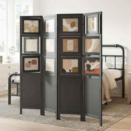 Miniatura 5 de Divisor de habitación para fotos de 4 paneles, pantalla de privacidad plegable independiente y decorativo con 16 marcos para oficina en casa (negro)