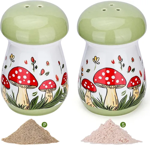 Fungi Fun Juego de salero y pimentero de cerámica con forma de hongo, bonito juego de salero y pimienta para mesa y encimera, contenedores de Verde