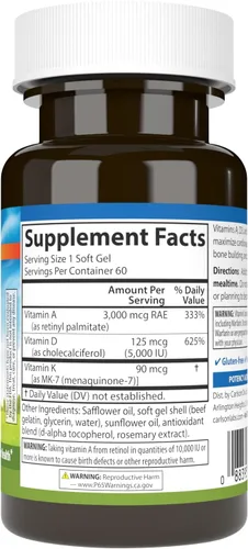 Miniatura 2 de Carlson - Vitaminas A, D3, K2, 3000 mcg RAE Vitamina A, 125 mcg de Vitamina D3, 90 mcg de Vitamina K2 como MK-7, Construcción de Huesos, Utilización