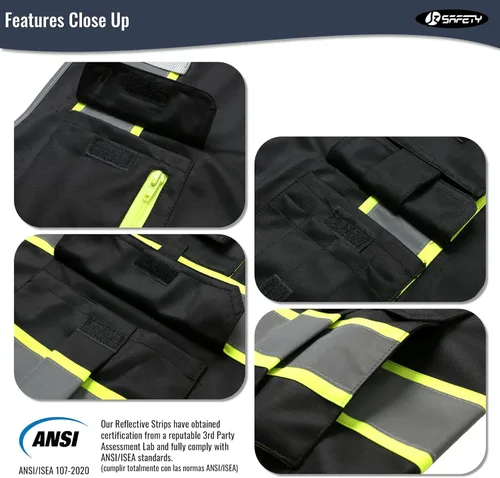 Miniatura 4 de JKSafety Chaleco de seguridad negro de alta visibilidad con 7 bolsillos para hombres y mujeres, cremallera frontal con tiras reflectantes de alta