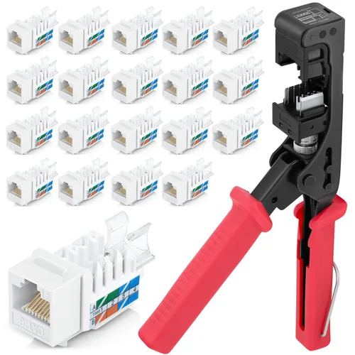 Miniatura 15 de Everest easyJACK - Juego de herramienta Keystone con ángulo de 45° para terminación rápida - con paquete de 20 conectores Keystone RJ45 Cat6 en rojo