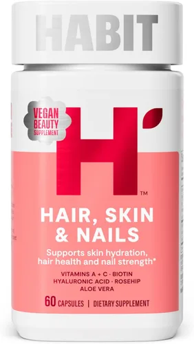 Suplemento Habit para cabello, piel y uñas (60 cápsulas), nuevo aspecto, apoya la hidratación de la piel, la fuerza del cabello y las uñas, biotina