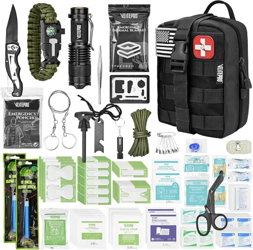 Kit de primeros auxilios y supervivencia de 242 piezas, bolsa Molle IFAK, nailon 1000D, compartimentos codificados por colores, kit médico para
