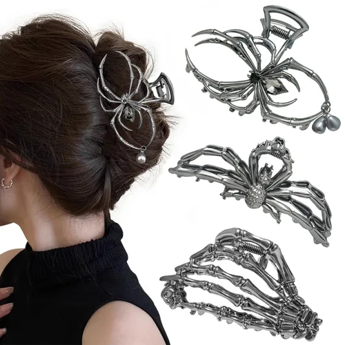 Miniatura 13 de Parcce 3 pinzas góticas para el cabello para mujer, pinzas de mano de esqueleto de murciélago negro metálico, accesorios de cabello de Halloween
