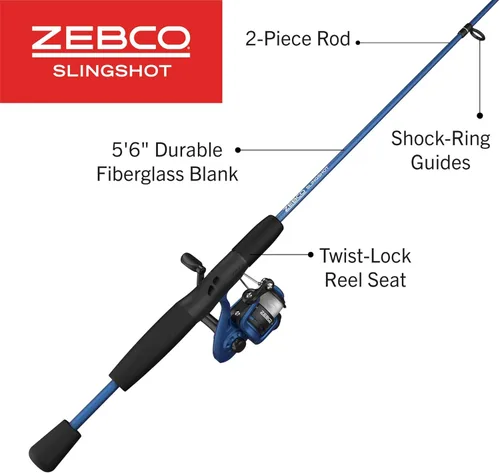 Miniatura 2 de Zebco - Combo de carrete giratorio y caña de pescar, 2 piezas de caña de fibra de vidrio duradera de luz media, mango cómodo de EVA, preenrollado