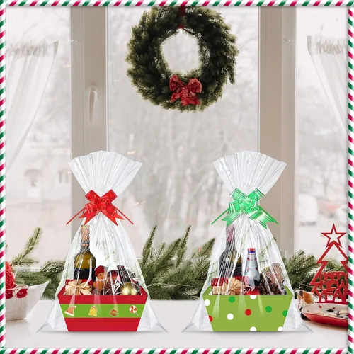 Miniatura 5 de Cholemy Kit de 24 cestas – Bandejas, bolsas y lazos de papel kraft vacíos – Cinturón de elfo y cestas de cartón de caramelo con asas