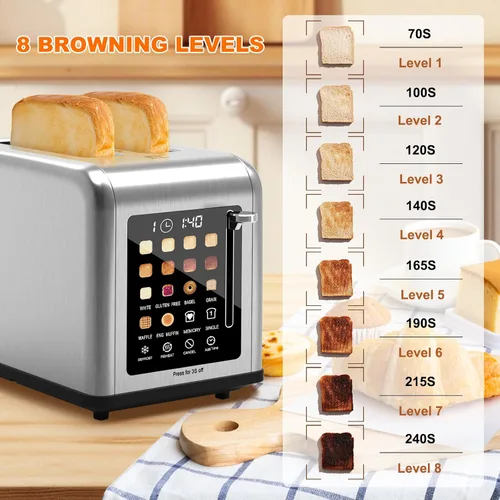 Miniatura 2 de Tostadora de 2 rebanadas con pantalla táctil, tostadoras de acero inoxidable con temporizador digital, tostadoras de 2 ranuras, 8 ajustes de sombra