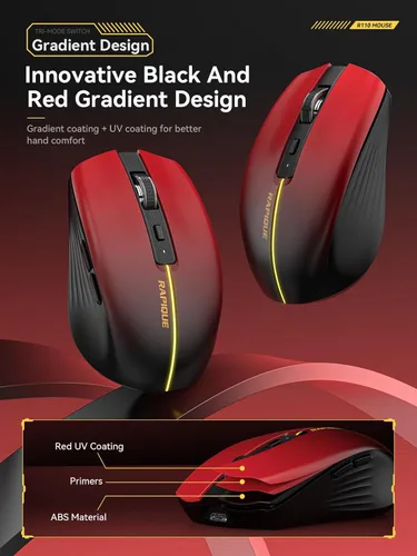Miniatura 2 de RAPIQUE Ratón Inalámbrico Bluetooth - (BT1/BT2+USB) Tri-Modo de Alto Rendimiento, Recargable, Compatible con Múltiples Dispositivos con Rojo