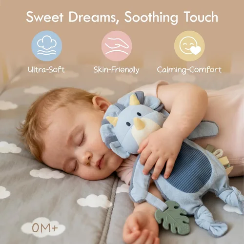 Miniatura 2 de Moonkie Baby Lovey con mordedor de silicona, manta de seguridad de dinosaurio con cintas texturizadas, juguetes arrugados, terciopelo Minky suave