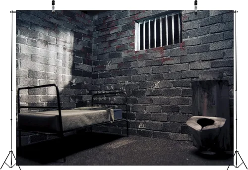 Miniatura 3 de BELECO Telón de fondo de prisión de 12 x 8 pies para fotografía de celda de prisión, habitación prohibida con marcas y manchas de sangre, fondo
