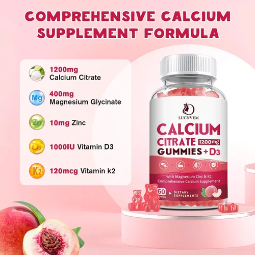 Miniatura 2 de Gomas de Citrato de Calcio 1200mg con Vitamina D3, Gomas de Calcio con Vitamina D3 para Mujeres y Hombres, Cal Magnesio Zinc para la Salud de Huesos