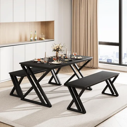 Miniatura 8 de GarveeHome Mesa de cocina con 2 bancos, juego de mesa de comedor para 4 personas con mesa de mármol sintético, juego de mesa de comedor que ahorra