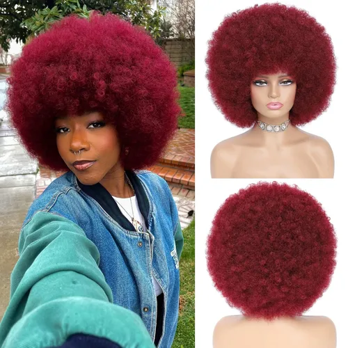Miniatura 7 de Peluca rizada afro de los años 70 para mujer, marrón oscuro, fibras sintéticas, suave, flexible, sin desprendimiento, correas ajustables Marrón/Negro