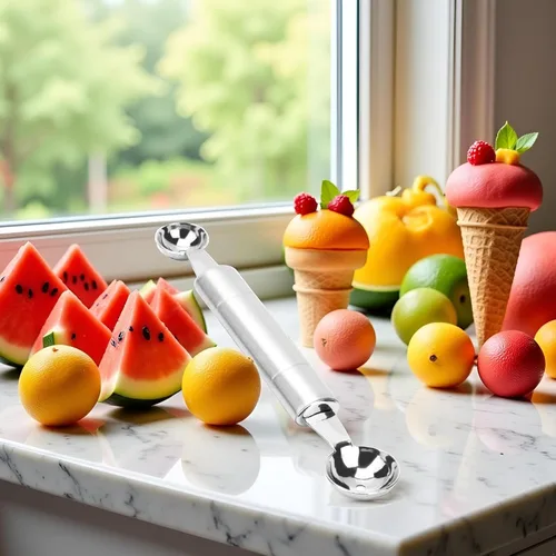 Cuchara de bola de helado de doble punta plateada para frutas y verduras, cuchara de melón Baller, herramientas de frutas y verduras, cuchara