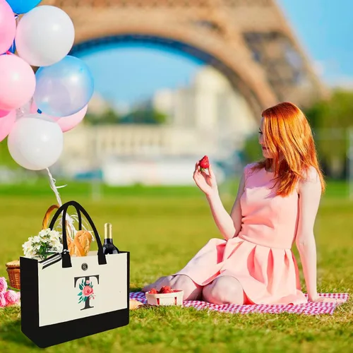Miniatura 77 de Bolsa de lona con inicial, regalos de cumpleaños personalizados para mujeres, madres, amigas y profesoras, bolsas de mano con monograma adecuadas