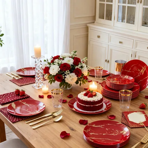 Miniatura 5 de N9R Juego de vajilla de plástico de 225 piezas de oro rojo – desechable para el Día de la Madre, incluye 25 platos llanos, 25 platos de postre, 25