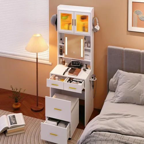 Miniatura 14 de VINGLI Tocador 3 en 1 con espejo deslizante iluminado LED y taburete acolchado sobre ruedas, pequeño tocador de maquillaje con 3 cajones y 2 Negro