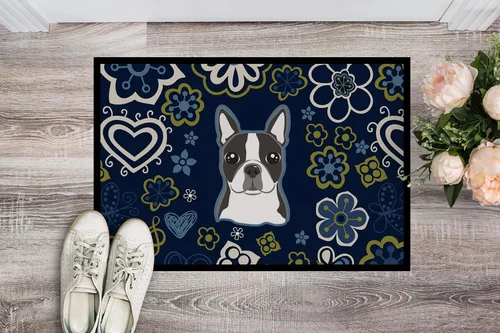 Miniatura 2 de Caroline's Treasures BB5054JMAT Boston Terrier - Tapete para puerta delantera, 24 x 36 pulgadas, diseño de flores azules, para interiores y Boston