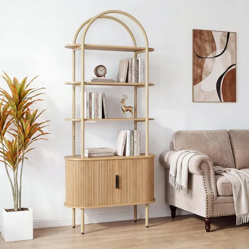 Miniatura 5 de Estantería arqueada acanalada de 71 pulgadas de alto con puertas correderas de tambor, mueble estantería curvo de metal moderno de mediados de siglo