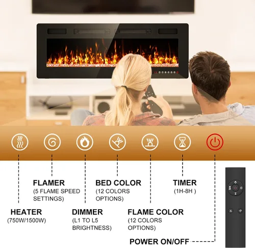 Miniatura 4 de Chimenea eléctrica de 50" empotrada y montada en la pared con control remoto, pantalla táctil