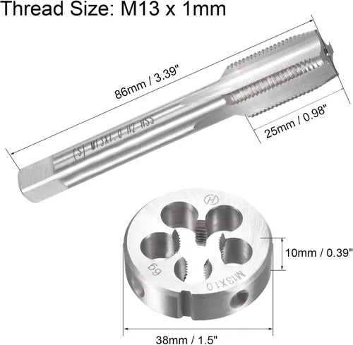 Miniatura 2 de uxcell M13 x 0.039 in Juego de llaves métricas y troqueles, rosca de máquina con troquel de roscado redondo, kit de grifo y troquelado