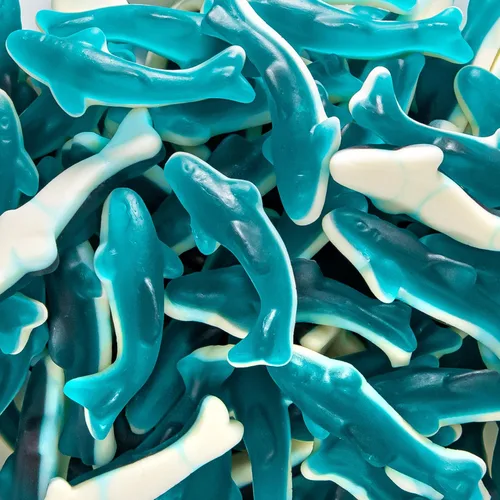 Blue Sharks - Caramelos de gomita | Bolsa de 2 libras | Gomitas de pescado | Sabor a frambuesa azul | Caramelo de tiburón para fiestas, bufés,