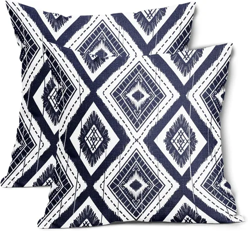 Miniatura 14 de Juego de 2 fundas de almohada geométricas de color naranja quemado de 18 x 18 pulgadas con diamantes Ikat de color marfil óxido, estilo bohemio