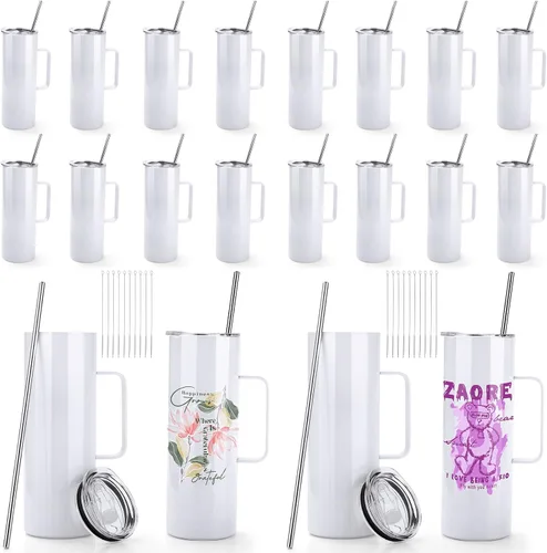 Miniatura 11 de 4 vasos delgados en blanco de sublimación de 24 onzas, tazas blancas con asa y pajita, taza recta de viaje de acero inoxidable de doble pared