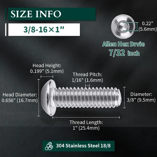 Miniatura 3 de Tornillos de cabeza de enchufe de 3/8-16 x 1 botón, acero inoxidable 304 18-8, rosca completa, rosca gruesa UNC, accionamiento hexagonal Allen, 5