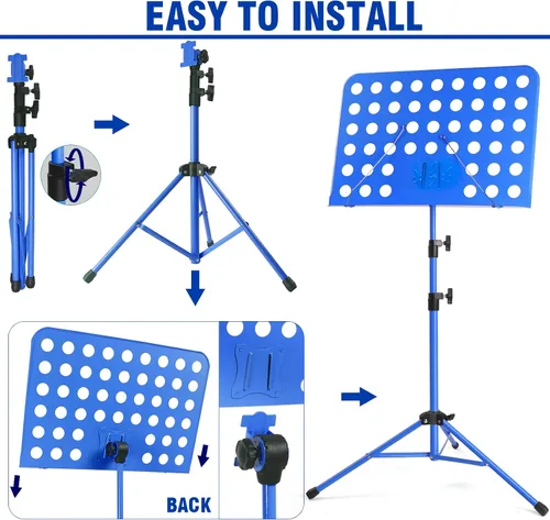 Miniatura 5 de lotmusic Soporte de música azul, soporte portátil para partituras, soporte de música plegable y ajustable en altura con bolsa, clip de partitura