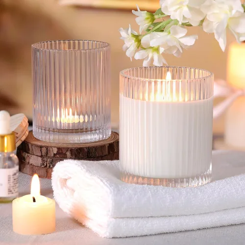 Miniatura 4 de sunnyfuture Juego de 8 tarros de vela transparentes de 10 onzas para hacer velas, tarros de vela de vidrio acanalado con tapas de madera