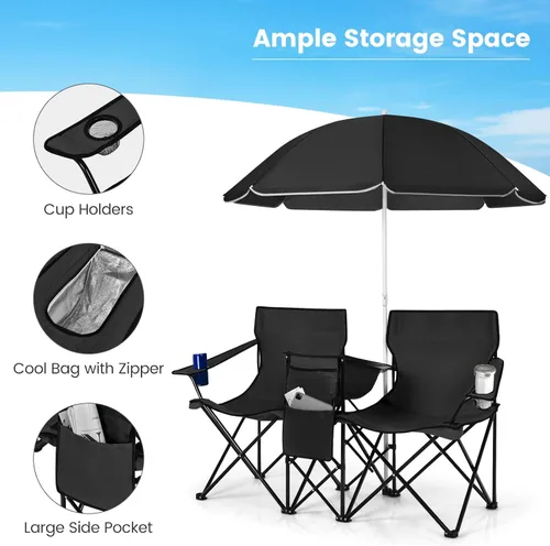 Miniatura 6 de Tangkula Sillas de campamento dobles con paraguas, silla de campamento plegable portátil de 2 asientos con bolsa enfriadora, soporte para bebidas