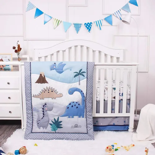 La Premura Juego de ropa de cama para cuna de bebé para niños – Juego de edredón de 3 piezas tamaño estándar para cuna, color gris/azul – Ropa de