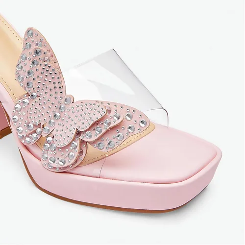 Miniatura 5 de NEWBELLA Sandalias de tacón alto de mariposa con diamantes de imitación, tacones gruesos con punta cuadrada abierta, pantuflas de verano sin
