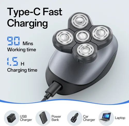 Miniatura 7 de Maquinilla de afeitar eléctrica para hombres, afeitadora de pelo de cabeza y cuerpo para hombres, afeitadora inalámbrica recargable para cabeza Gris