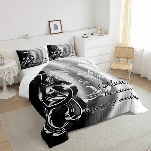 Miniatura 4 de Juego de edredón de notas musicales, tamaño individual, juego de ropa de cama para amantes del tema musical, 2 piezas, moderno, negro, blanco