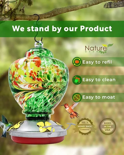 Miniatura 7 de Nature Gear - Comedero para colibríes, comederos de vidrio colgantes para exteriores, comedero de vidrio soplado a mano con foso para hormigas