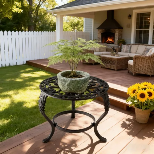Miniatura 7 de Notakia Soporte para plantas para interiores y exteriores, mesa de hierro fundido resistente para patio y jardín, estante alto de metal decorativo