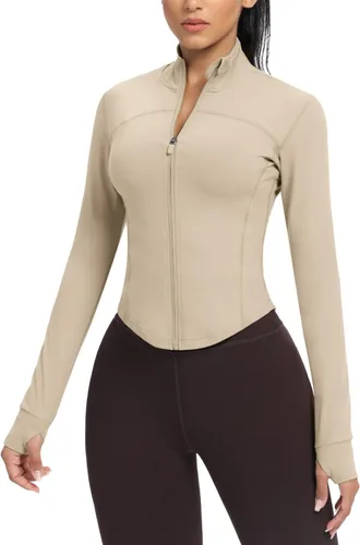 Miniatura 83 de AVGO Chaquetas de entrenamiento recortadas para mujer, con cremallera, ajustadas, atléticas, con agujeros para el pulgar