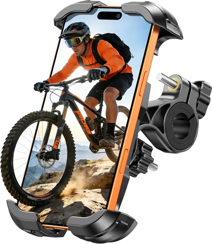 Zewdov Soporte para teléfono de bicicleta con abrazadera fuerte, [Bloqueo de 1s], soporte de teléfono para motocicleta, [Giratorio de 360°], soporte