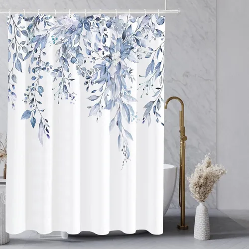 Miniatura 117 de Tititex Spun Sugar - Juego de cortinas de ducha de eucalipto azul claro, hojas de acuarela brillantes en la parte superior, decoración floral
