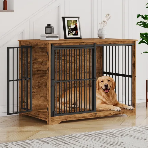Miniatura 15 de Hzuaneri XXL Mueble de jaula grande para perros, mueble de perrera de interior de 46.9" con puerta de granero, jaula alta de madera para perros