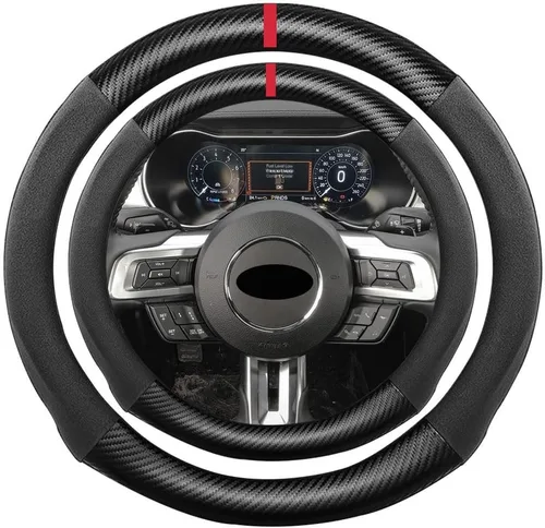 Miniatura 35 de Funda de volante de ante con fibra de carbono de K LAKEY, compatible con Porsche 718 Boxster Cayman 911 Panamera Macan Cayenne de 15 pulgadas, cuero
