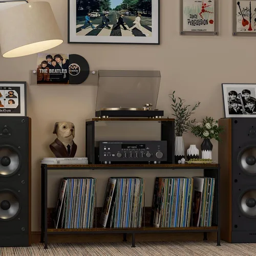 Miniatura 5 de Sonyabecca Espaciosa mesa de tocadiscos vintage – Capacidad para 150 – 250 álbumes de vinilo, divisores ajustables, áreas de visualización lateral