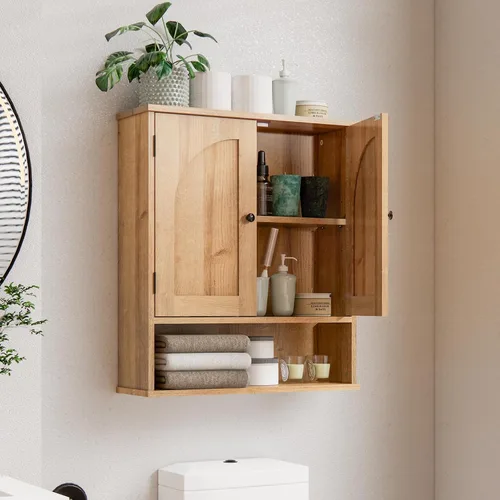 Miniatura 12 de Armario de medicina, gabinete de almacenamiento sobre el inodoro, armario de pared de baño con puertas arqueadas y estantes ajustables, gabinete