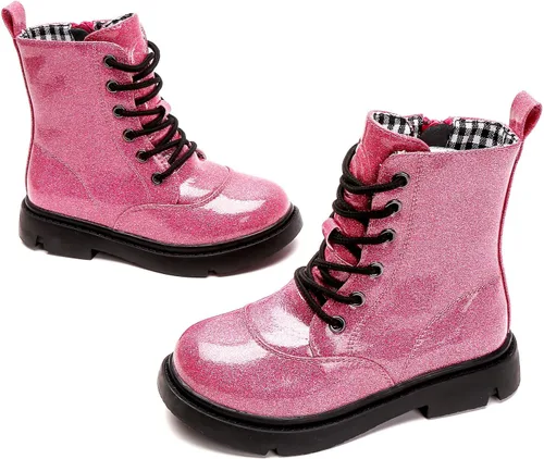 Miniatura 7 de DADAWEN Botas de combate impermeables con cordones y purpurina a media pantorrilla con cremallera lateral para niños pequeños, niños grandes