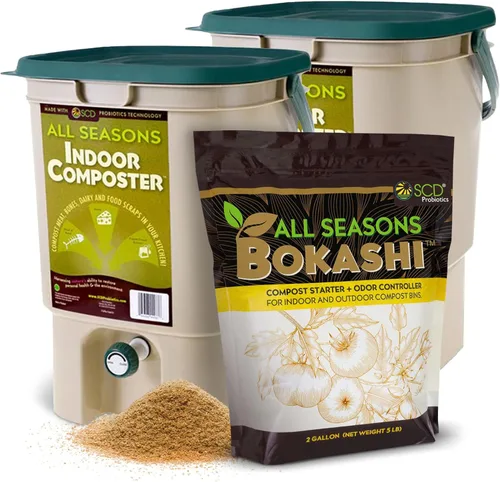 Kit de inicio para Compostera de interior All Seasons - Dos cubos de compostaje de tamaño familiar para encimera de cocina y Bokashi Bran Starter 5